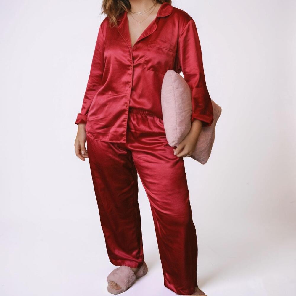 Y2K Victoria’s Secret Cherry Red Satin Pajama Set Button Front Lounge Set Large